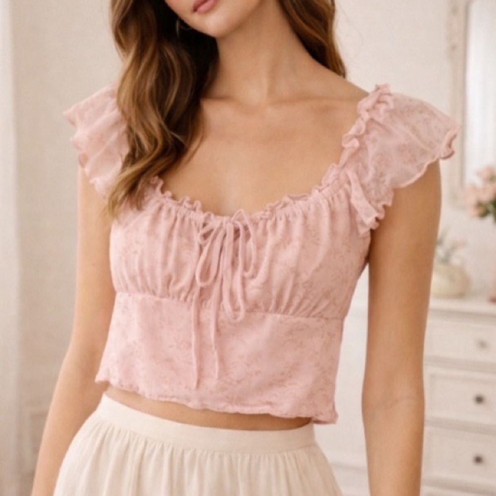 Coquette Feminine Romantic Pink Floral Ruffle Crop Top